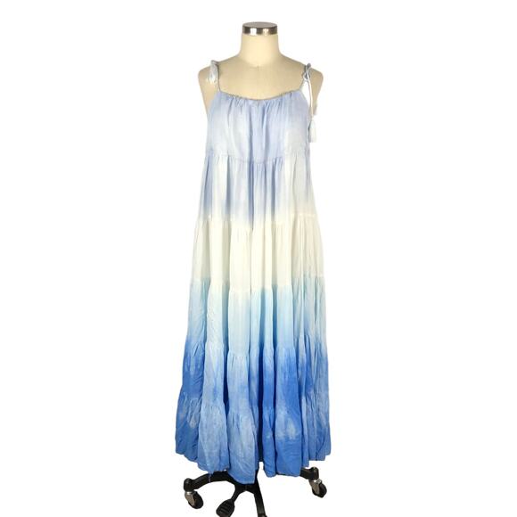 STORIA VICI Blue Dip Dye Ombre Maxi Dress Size Small Tasseled Boho Flowy - Picture 1 of 7